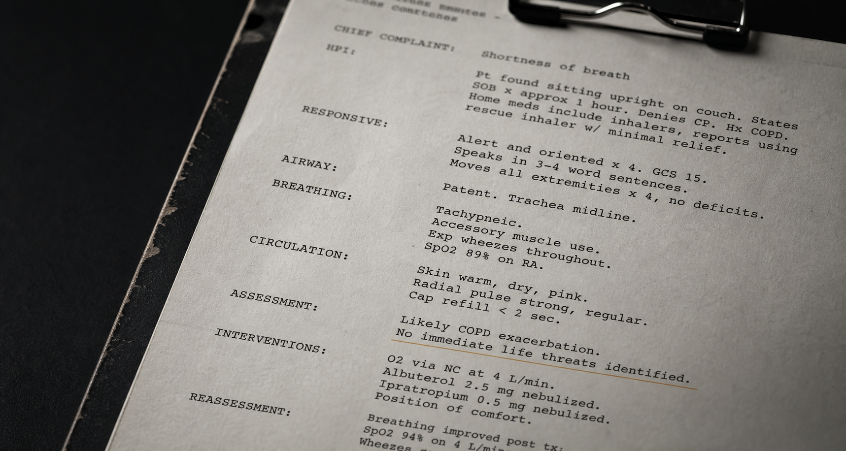 A patient care report on a clipboard, with a QA reviewer's note flagging a missing detail in the narrative.